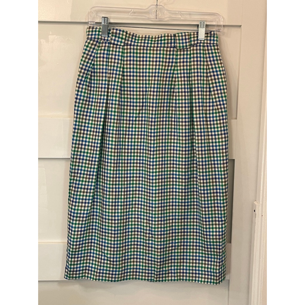 Vintage Late 1960s Paul Stanley Plaid Pencil Skirt Blue Green Mod USA 24” Waist